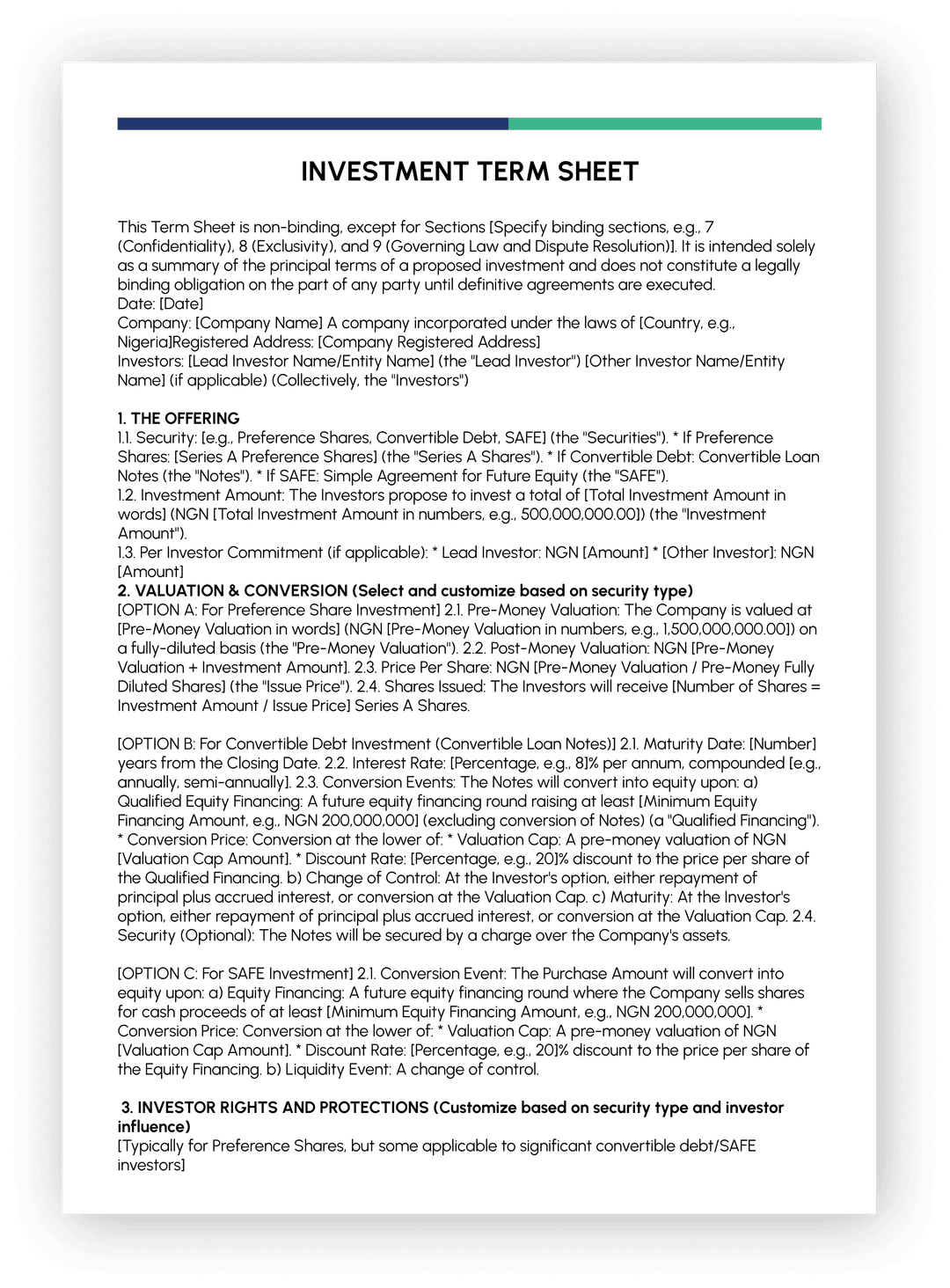 Investment Term Sheet preview