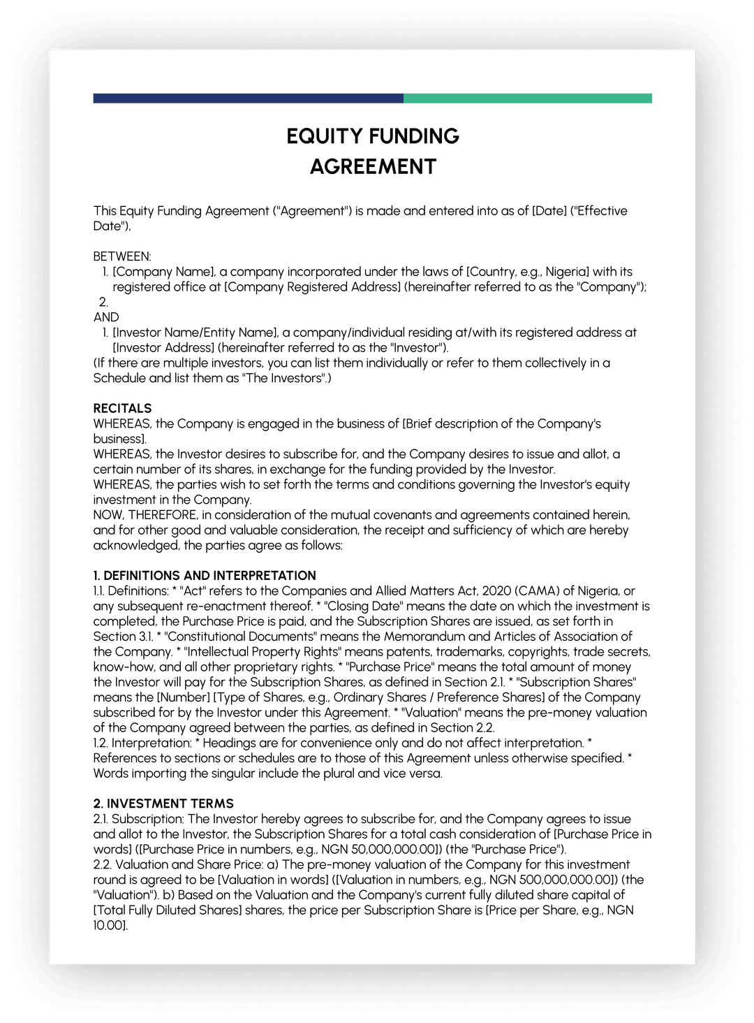 Equity Funding Agreement preview